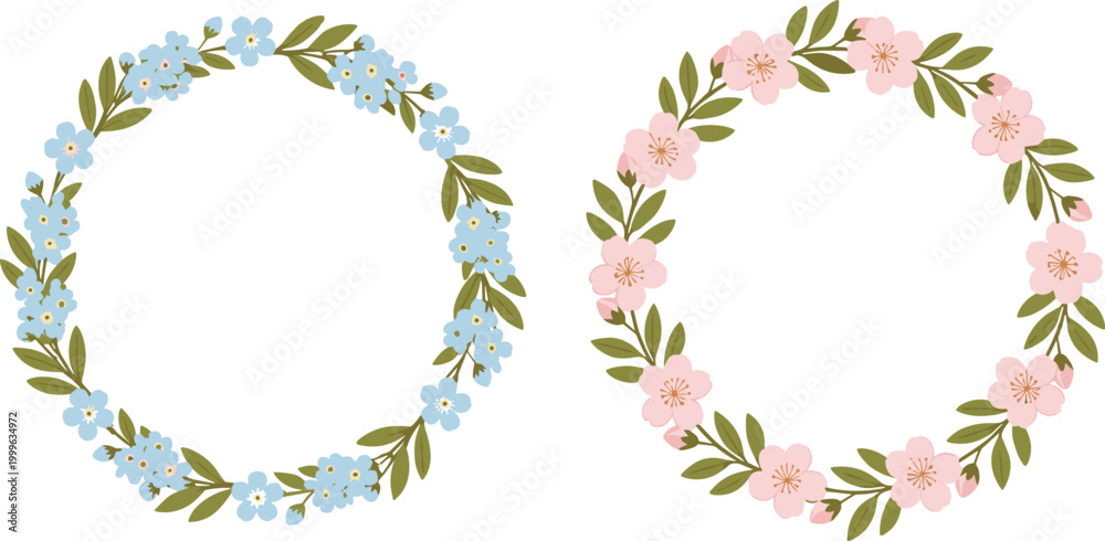 Obraz premium Delicate floral wreath collection with pastel flower circles in elegant botanical vector illustration set