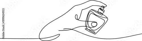 continuous line of hand holding perfume illustration. one line Icon drawing