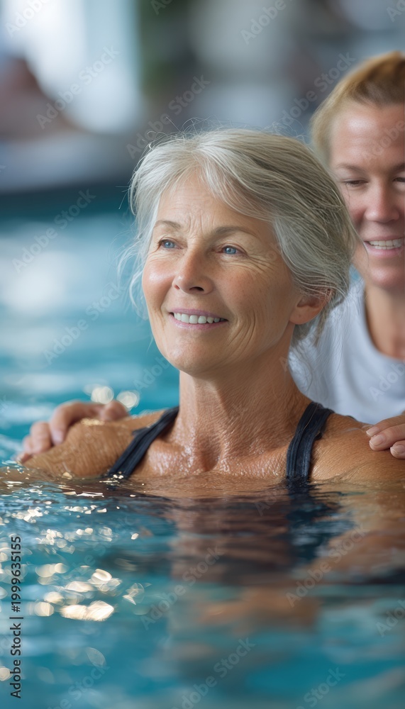 Fototapeta premium Senior patient calmly performing gentle arm rehabilitation in warm therapeutic water with therapist