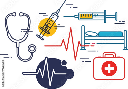 Medical healthcare vector icon set, essential hospital equipment and diagnostic tools, modern line art illustrations for health and wellness, digital medical care graphics for web and print