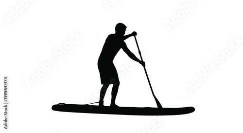 Stand up paddleboarder silhouette against white background