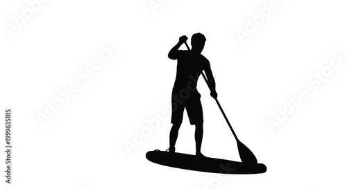 Silhouette of a man paddleboarding on a surfboard isolated on white