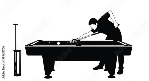 Billiard table and player silhouette on white background
