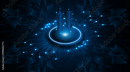 Up and down arrows on a dark blue background. The concept relates to the transmission or exchange of high-tech digital data. The idea is for fast connectivity and large data sets.
