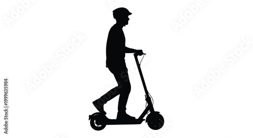 Silhouette of man riding electric scooter on white background