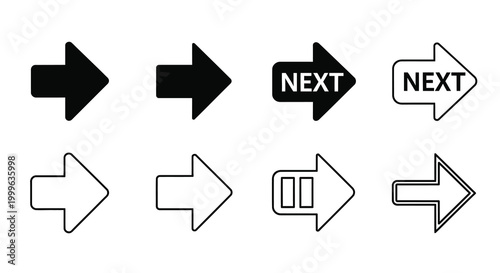 Arrow icons with next button black and white silhouette