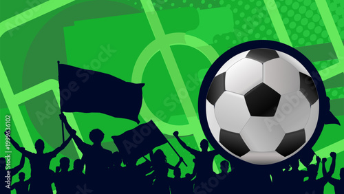 Soccer ball with fans silhouette on green field background, vector illustration