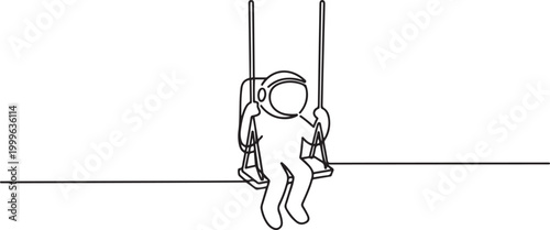 Astronaut on swing. Cosmonaut linear silhouette. One continuous line. one line Icon drawing