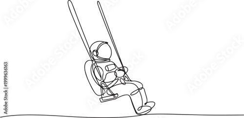 Astronaut on swing. Cosmonaut linear silhouette. One continuous line. one line Icon drawing