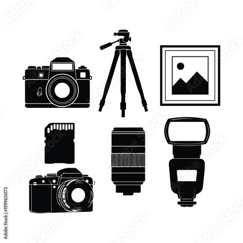 Photography icons camera tripod lens flash memory card photo frame for creative art
