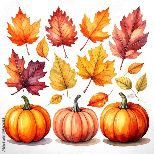 Watercolor rendering of various colorful autumn leaves and three pumpkins on a white backdrop