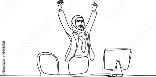 Single one line drawing happy Arab businesswoman jump with raised hands on her workplace. one line Icon drawing