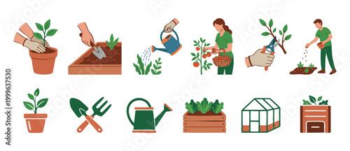Gardening icons set with people planting and farming tools for home agriculture and hobby horticulture, featuring greenhouse, watering can, vegetable harvest and seedling care in flat vector style des