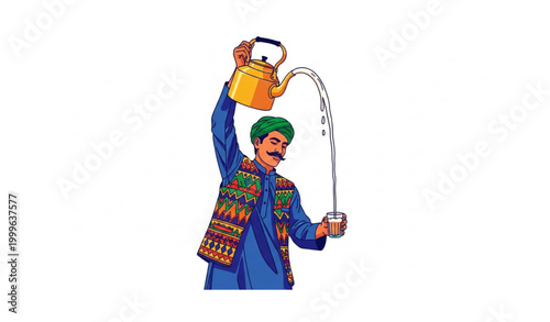 Schilderij op canvas Traditional Chai Wala pouring hot milk tea in colorful waistcoat culture vector