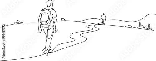 Male person go far away walk alone outdoor life, continuous line art. one line Icon drawing