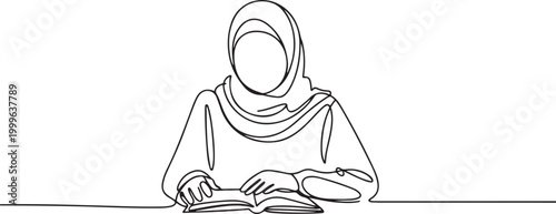 flat doodle muslim, people, girl, woman, school, islam, study. Isolated image hand draw contour on a white background. one line icon drawing vector