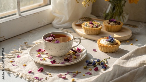 Aesthetic cozy tea scene with a cup of herbal tea and mini tarts on a linen cloth