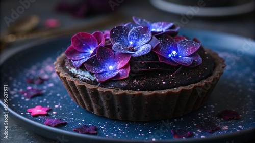 Dark gourmet chocolate tart adorned with vibrant, glowing purple and blue edible flower petals