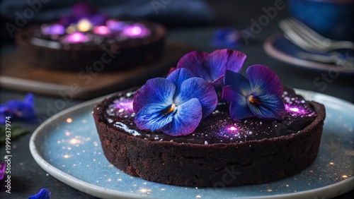 Aesthetic dark dessert on a blue plate, topped with glowing celestial edible flower petals
