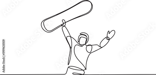 active young male stands with snowboard held high overhead in celebration, emphasizes triumph and joy of winter sport. one line icon drawing vector