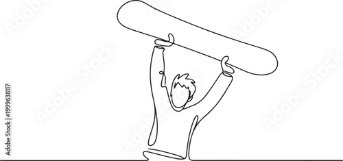 active young male stands with snowboard held high overhead in celebration, emphasizes triumph and joy of winter sport. one line icon drawing vector