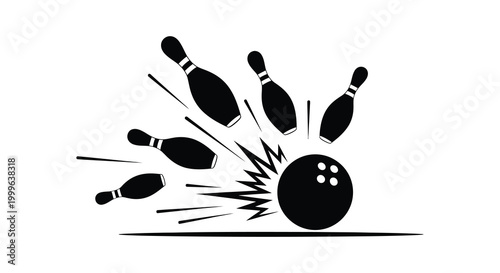 Bowling ball striking pins in action dynamic black silhouette high quality professional detailed modern elegant stylish clean crisp vibrant colorful digital