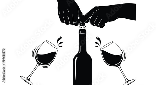 hands opening a wine bottle with glasses and splashing wine black silhouette high quality professional detailed modern elegant stylish clean crisp
