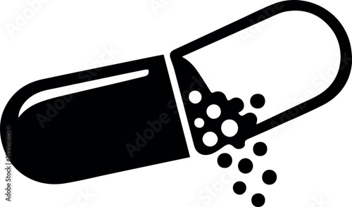 Capsule spill: A macro perspective unveils a stylized black capsule, its contents cascading out in a visually striking display. This graphic embodies health, medication, and scientific advancements. 