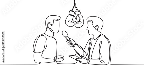 A sports journalist is interviewing. Boxing gloves on the background. World Sports Journalists Day. one line Icon drawing