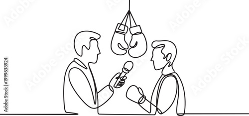 A sports journalist is interviewing. Boxing gloves on the background. World Sports Journalists Day. one line Icon drawing