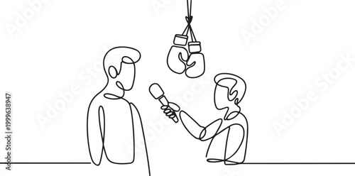 A sports journalist is interviewing. Boxing gloves on the background. World Sports Journalists Day. one line Icon drawing