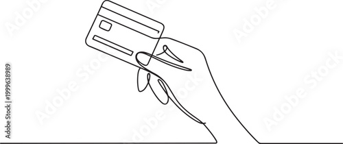 One line art drawing of hand holding credit card. Continuous single outline business object concept. one line Icon drawing