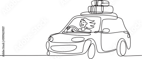 Simple continuous line drawing of a traveler really enjoys traveling by car. one line Icon drawing