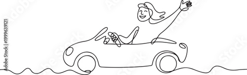 Simple continuous line drawing of a traveler really enjoys traveling by car. one line Icon drawing