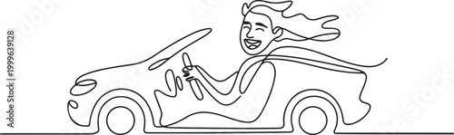 Simple continuous line drawing of a traveler really enjoys traveling by car. one line Icon drawing