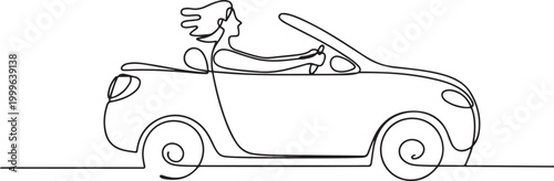 Simple continuous line drawing of a traveler really enjoys traveling by car. one line Icon drawing