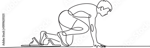 Young male running athlete on low start postion - continuous one line drawing. one line Icon drawing