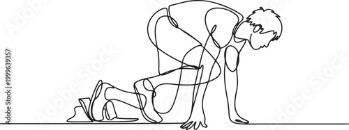 Young male running athlete on low start postion - continuous one line drawing. one line Icon drawing