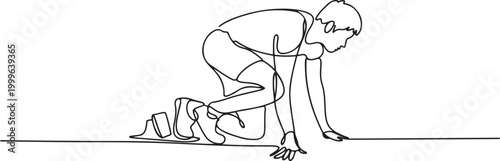 Young male running athlete on low start postion - continuous one line drawing. one line Icon drawing
