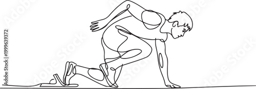 Young male running athlete on low start postion - continuous one line drawing. one line Icon drawing
