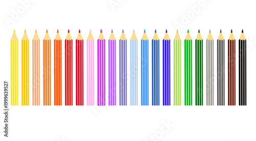 Coloured striped pencils with sharp tips arranged in line, school accessory simple hand drawn illustration, stationary object back to school concept, painting material, tool for hobby, craft, drawing