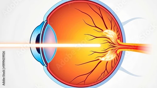 Eye cross-section cutaway - detailed anatomy. Retina vessels branching intricately. Clean vector illustration style. Ophthalmology, visual system. Concept of sight and perception.
