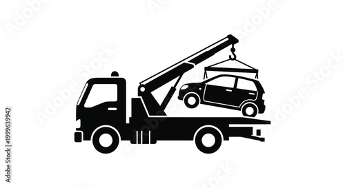 Tow truck lifting a car black and white silhouette high quality professional detailed modern elegant stylish clean crisp vibrant colorful digital