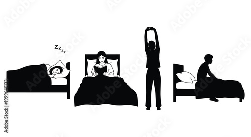 Sleeping and waking up sequence depicting a person in bed and stretching black silhouette high quality professional detailed modern elegant stylish