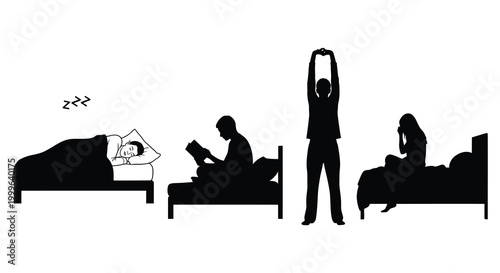 bedroom scene with people sleeping reading and stretching black silhouette high quality professional detailed modern elegant stylish clean crisp vibrant colorful