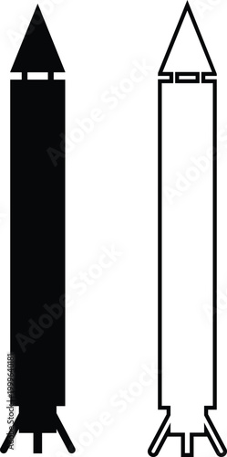 Rocket missile space launch vehicle icon set collection group in black flat and line style featuring rocket, missile, spacecraft, booster, launch synonym elements for aerospace, military and technolog