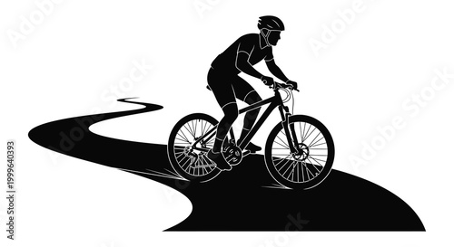 Mountain biker riding on a winding road black and white silhouette high quality professional detailed modern elegant stylish clean crisp vibrant