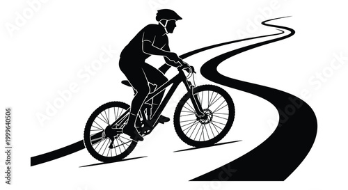 Mountain biker riding on a winding trail dynamic action silhouette high quality professional detailed modern elegant stylish clean crisp vibrant colorful