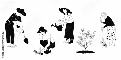 gardening figures silhouettes vector illustration of people tending plants