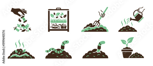 Composting process icons set, organic waste recycling and soil preparation symbols. Garden organic matter decomposition, turning soil with a pitchfork, earthworm fertilization, and sustainable gardeni